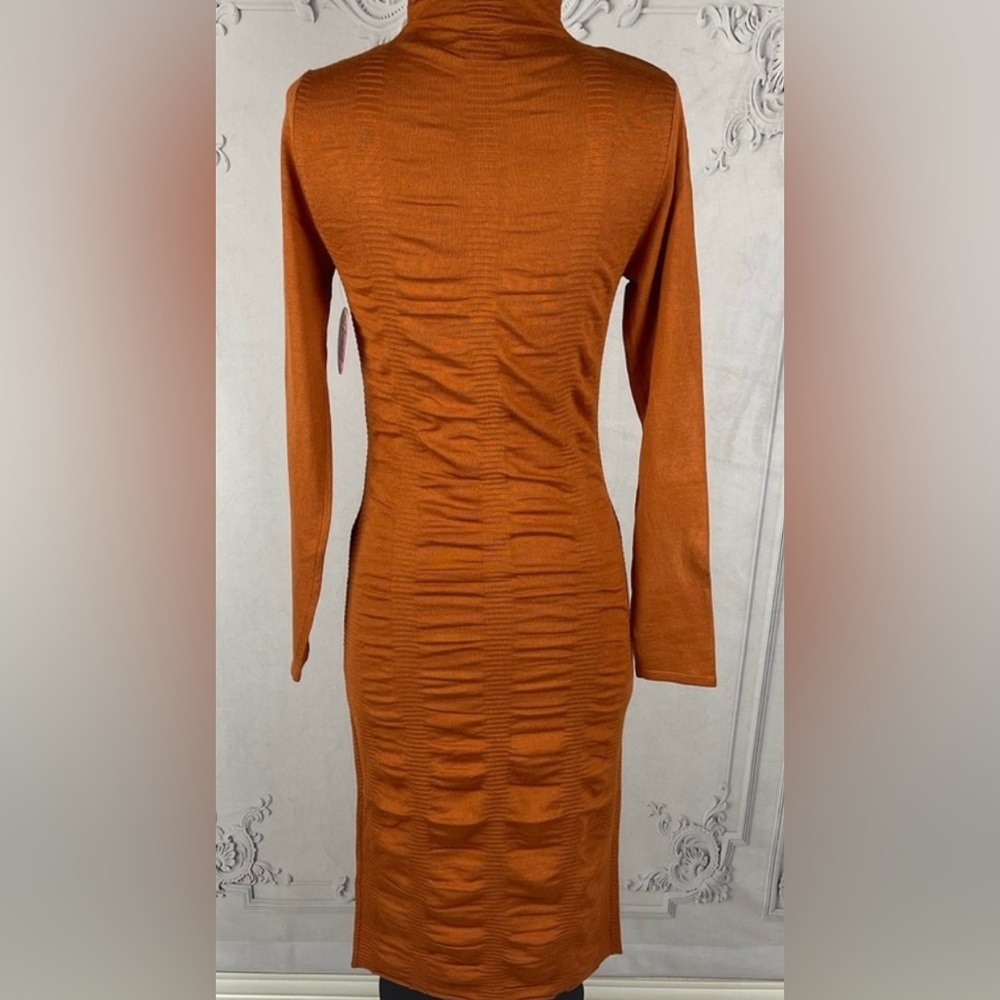 Chic Rust Midi Dress with Ruched Design - Picture 2 of 5